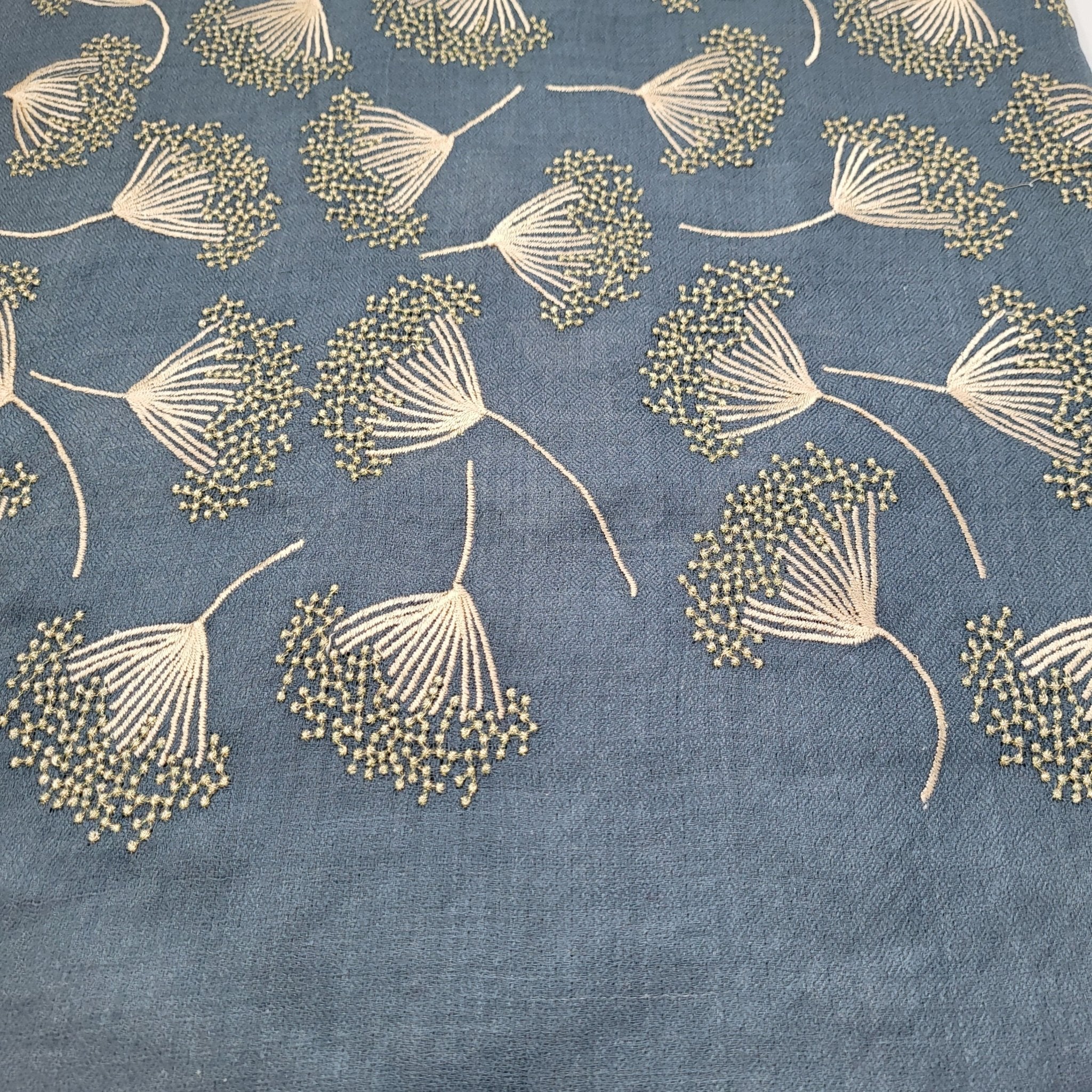 Embroidered pashmina shawl in 'Dandelion' design, soft handmade wrap scarf with fine hand embroidery, reverse view