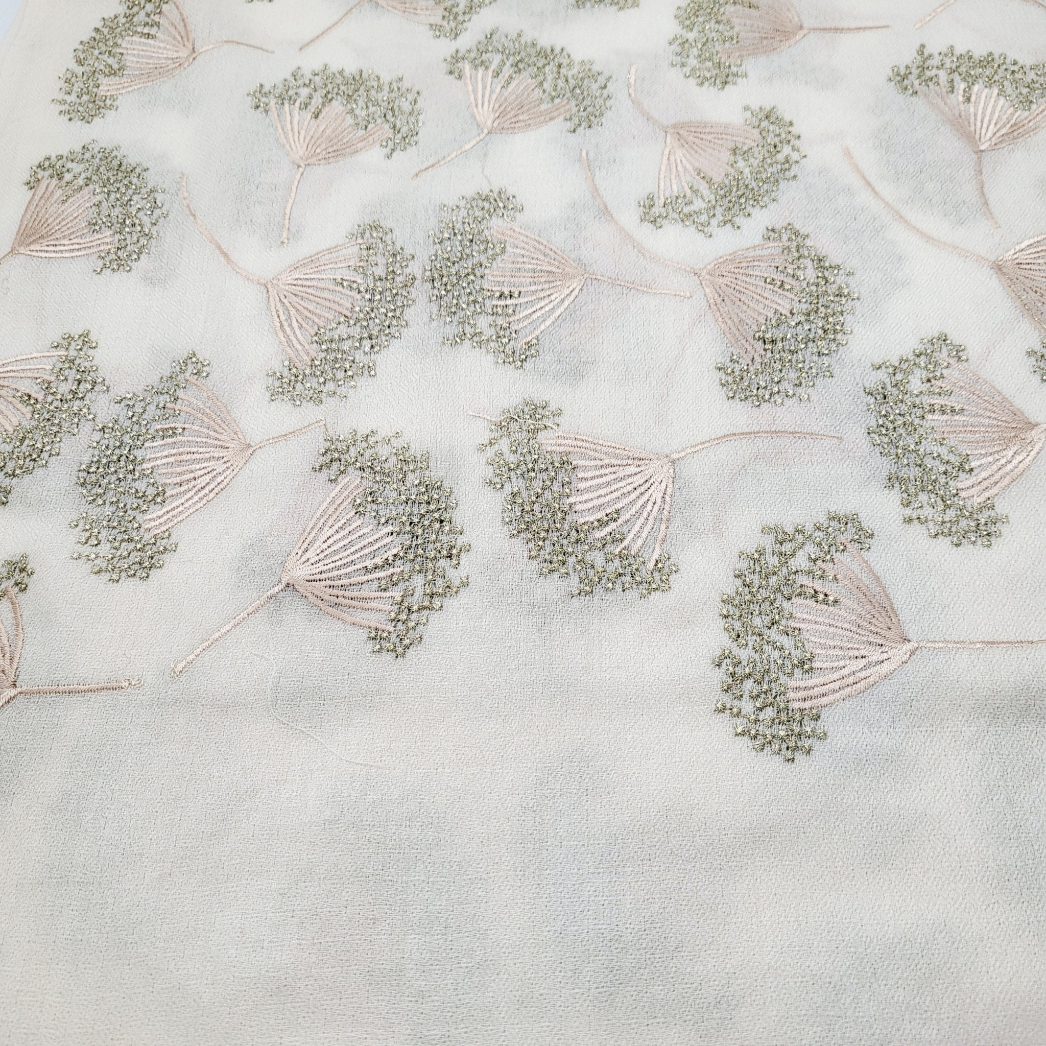 Embroidered pashmina shawl in 'Dandelion' design, soft handmade wrap scarf with fine hand embroidery, styled view