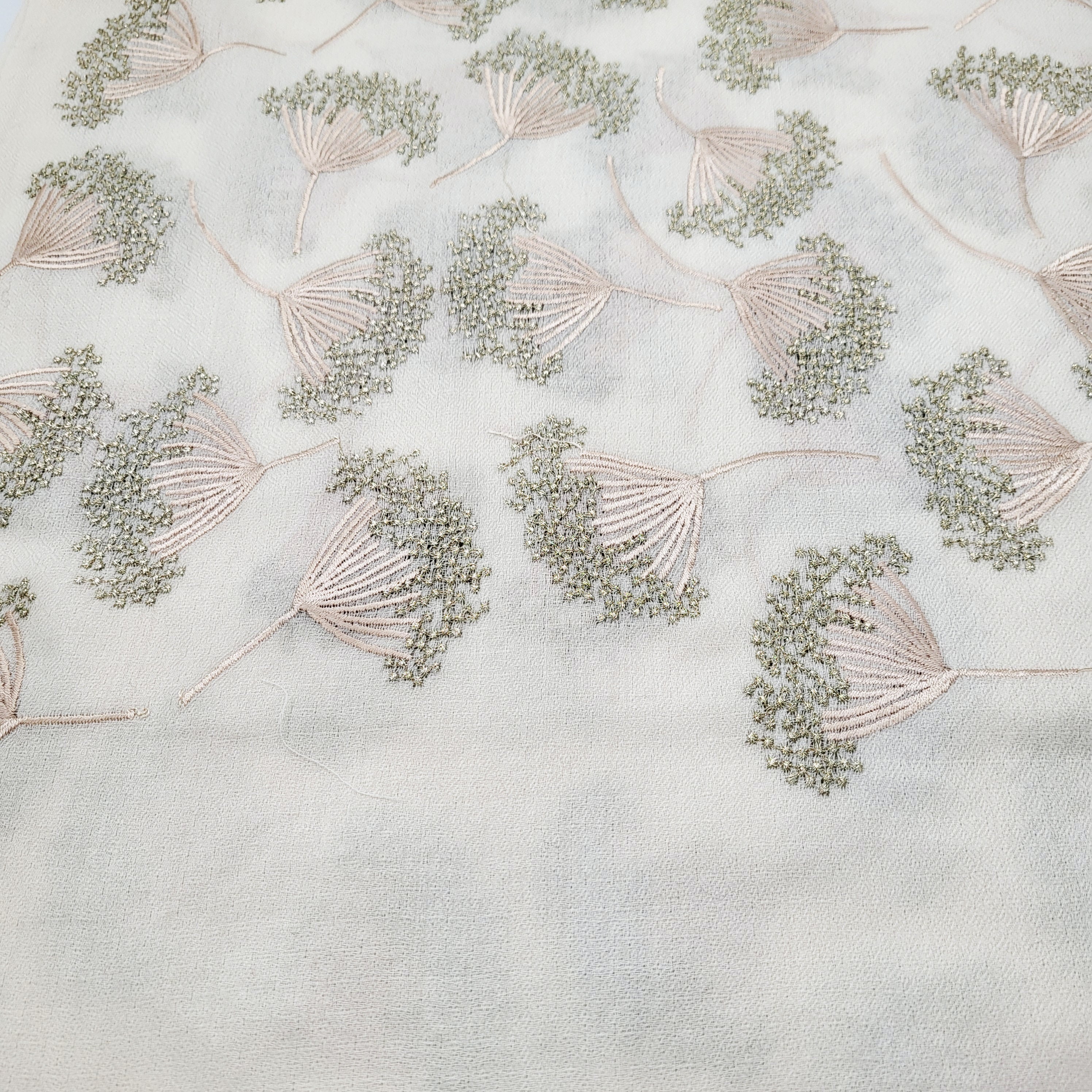 Embroidered pashmina shawl in 'Dandelion' design, soft handmade wrap scarf with fine hand embroidery, styled view