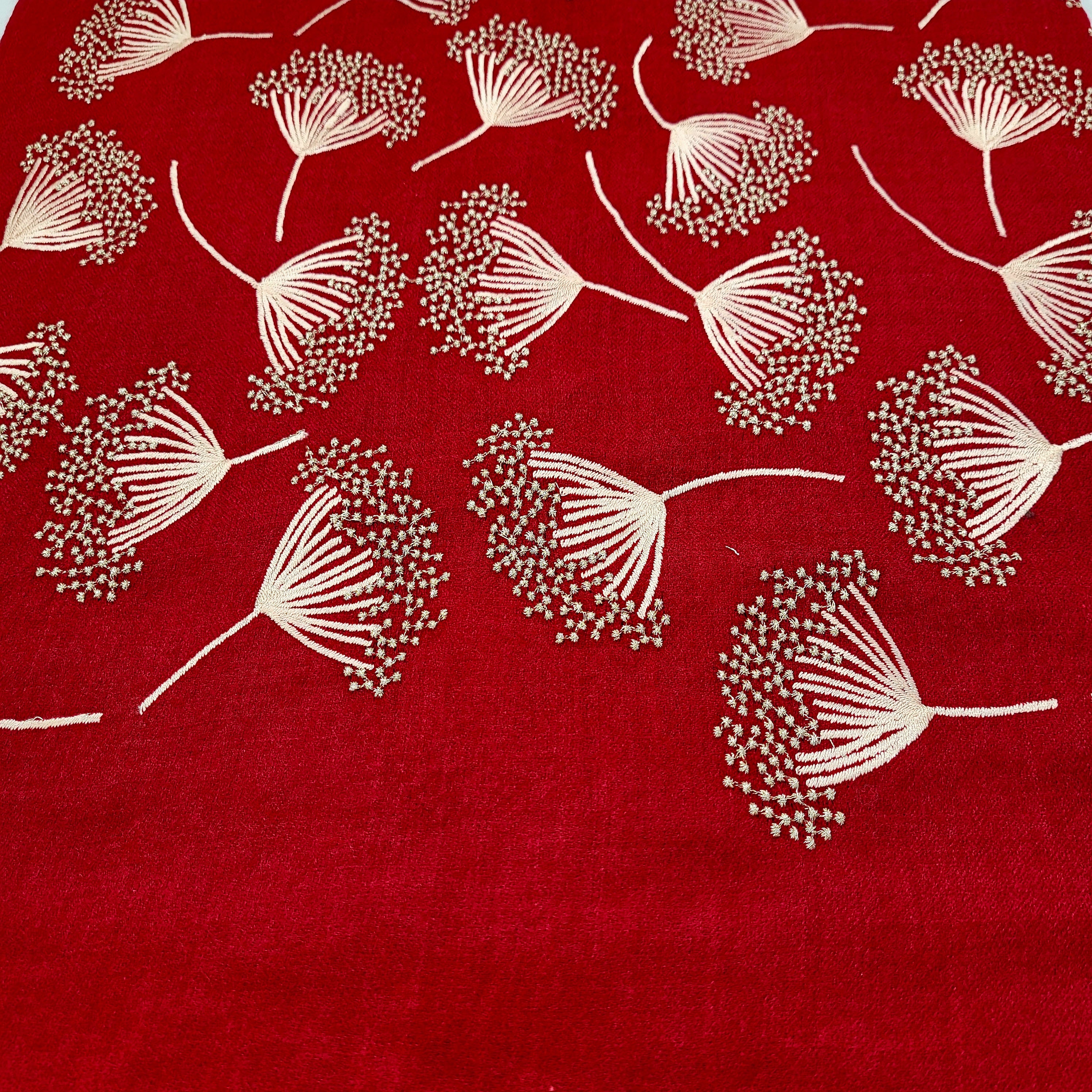 Embroidered pashmina shawl in 'Dandelion' design, soft handmade wrap scarf with fine hand embroidery, detail view