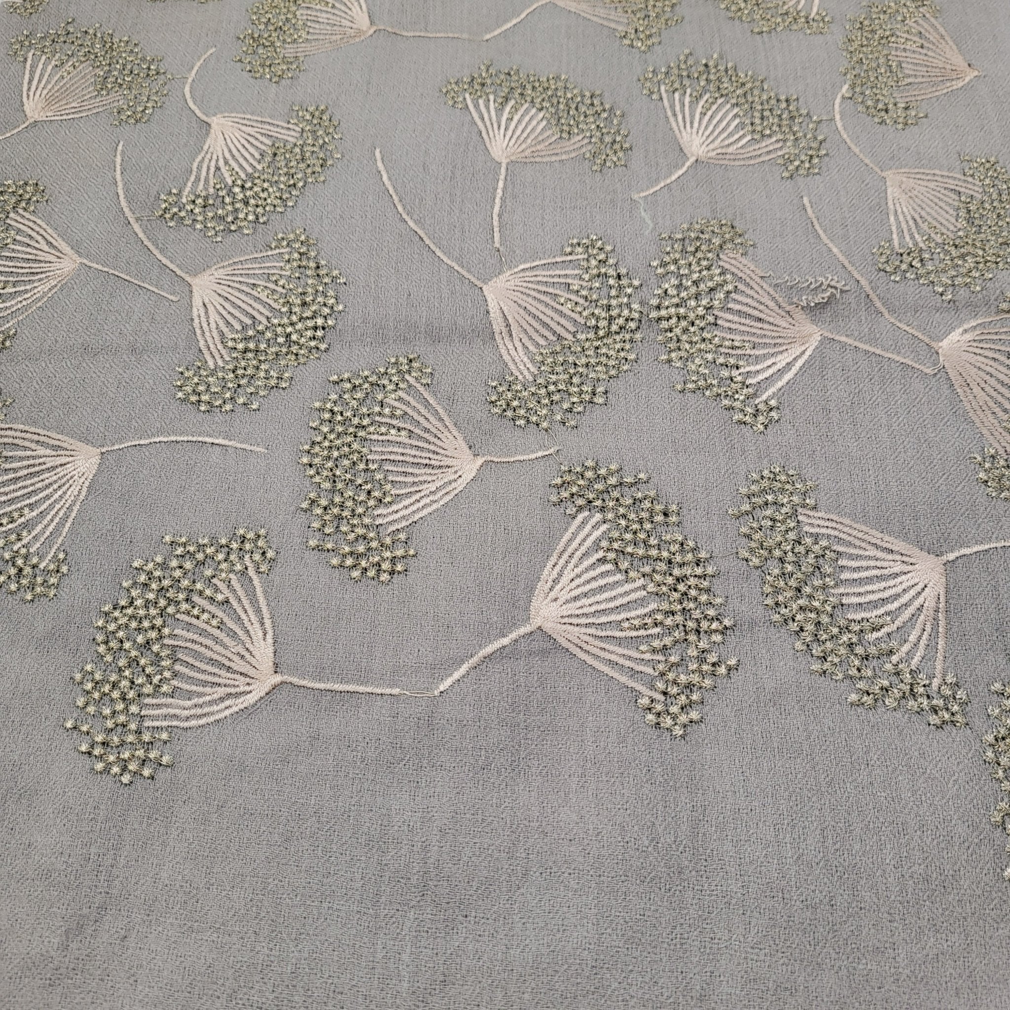 Embroidered pashmina shawl in 'Dandelion' design, soft handmade wrap scarf with fine hand embroidery, alternative view