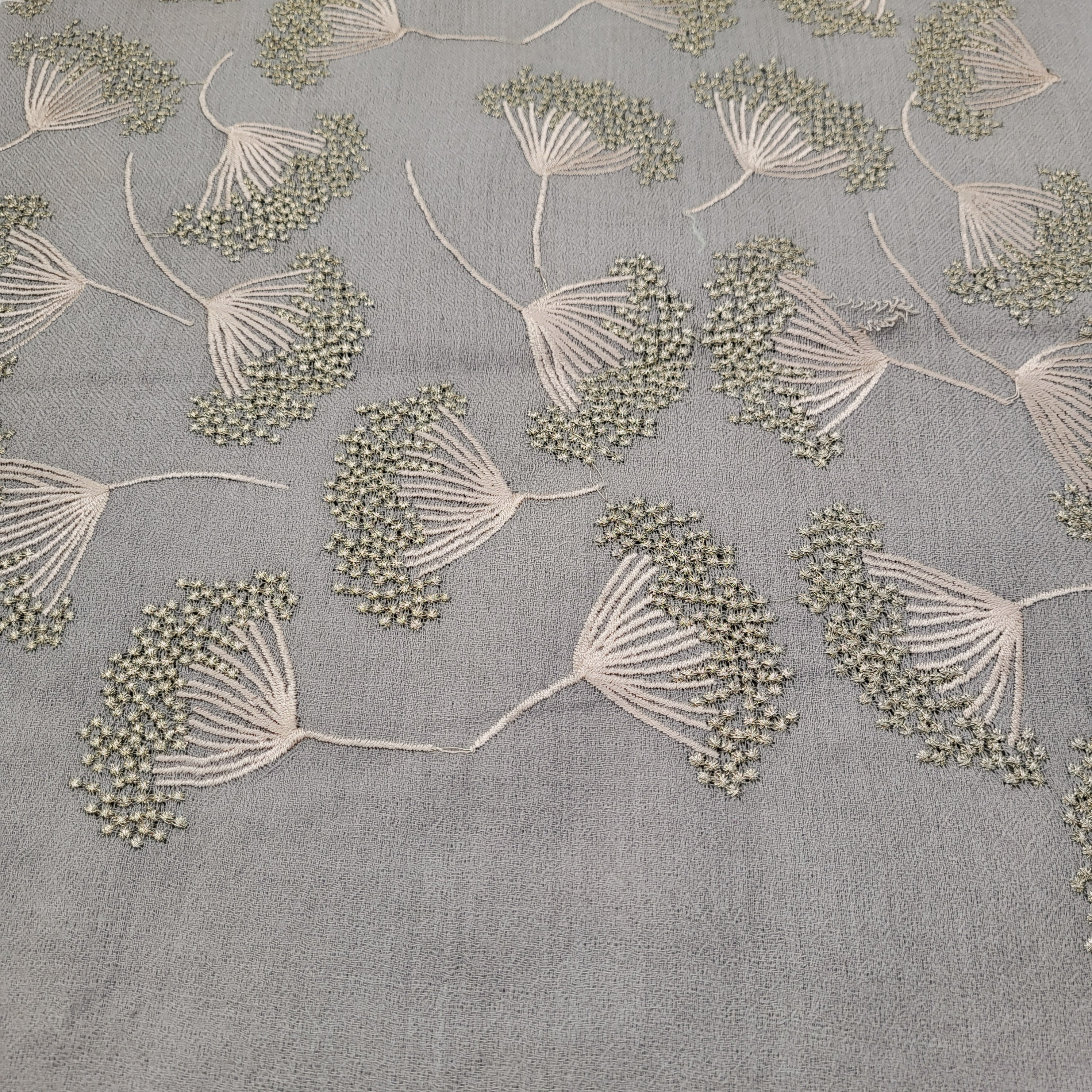 Embroidered pashmina shawl in 'Dandelion' design, soft handmade wrap scarf with fine hand embroidery, alternative view