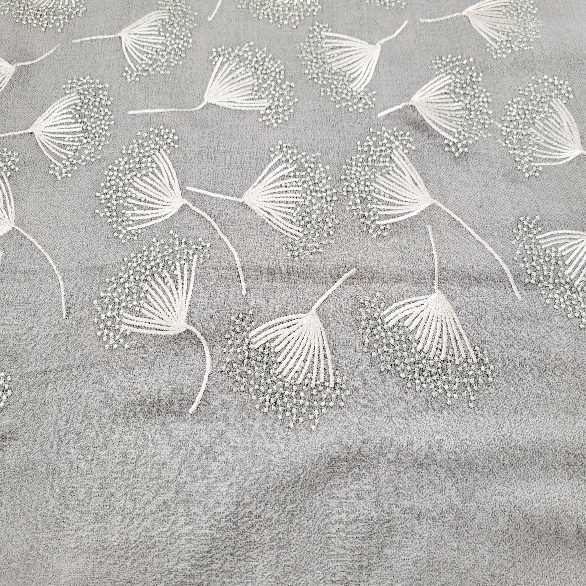 Embroidered pashmina shawl in 'Dandelion' design, soft handmade wrap scarf with fine hand embroidery, close-up view
