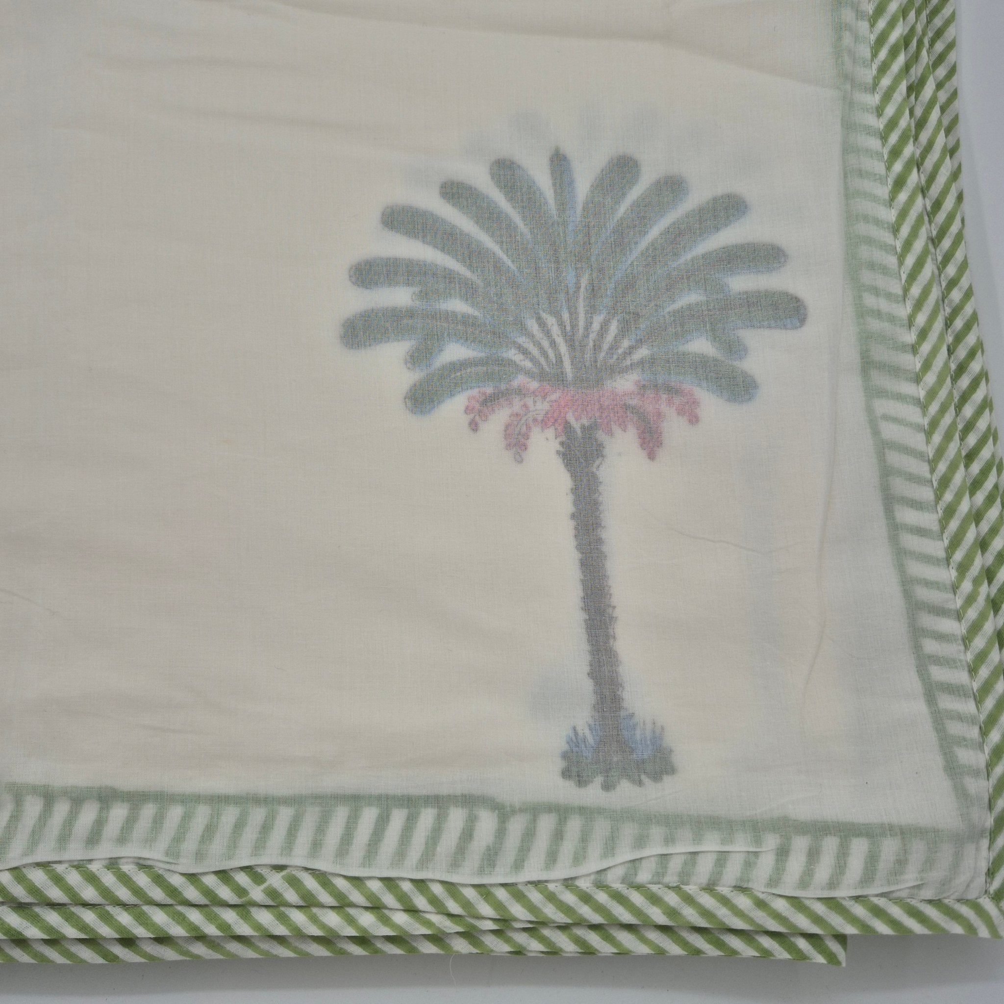 Queen palm block print cotton dohar, a soft lightweight quilted blanket, 225 x 270 cm, made in India