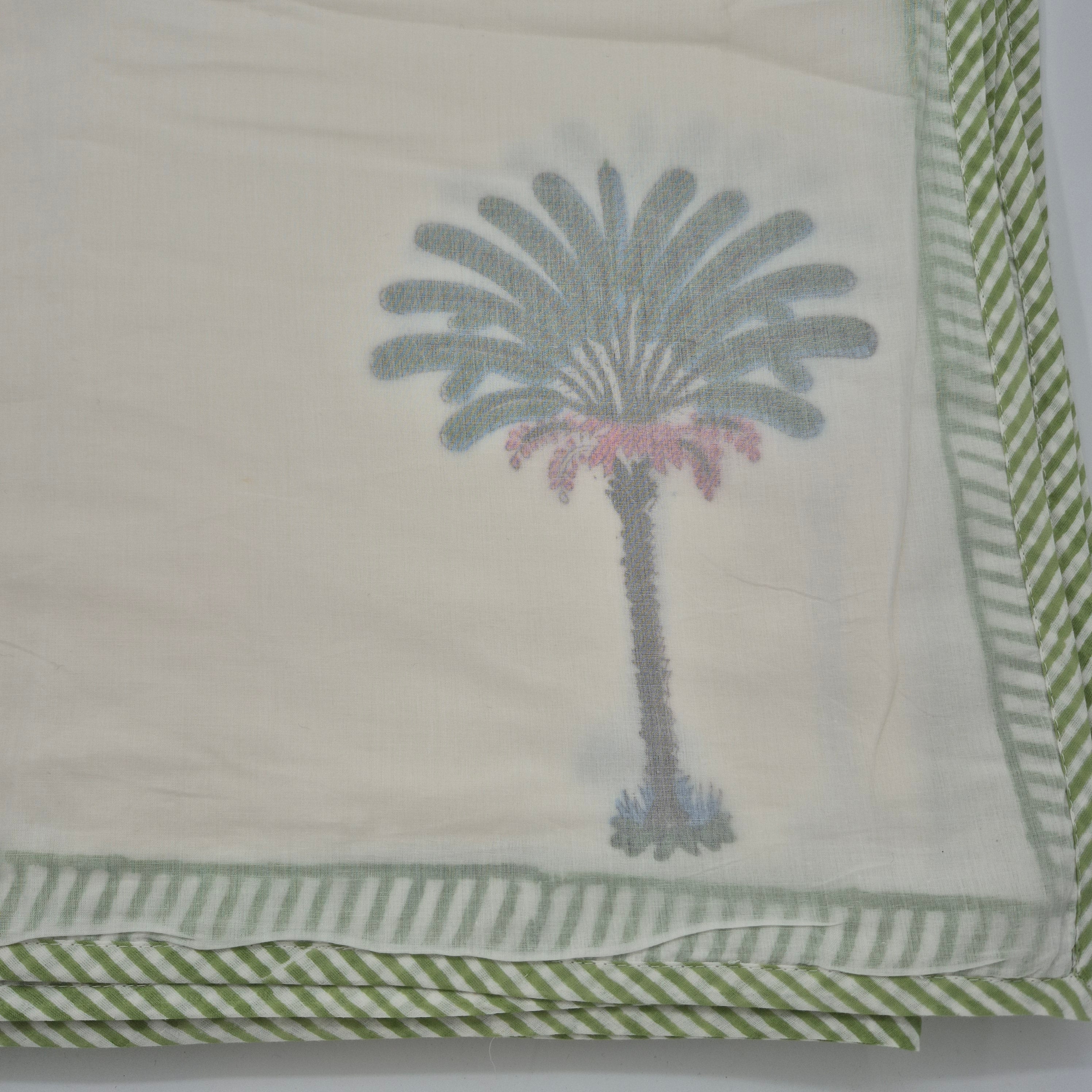 Queen palm block print cotton dohar, a soft lightweight quilted blanket, 225 x 270 cm, made in India