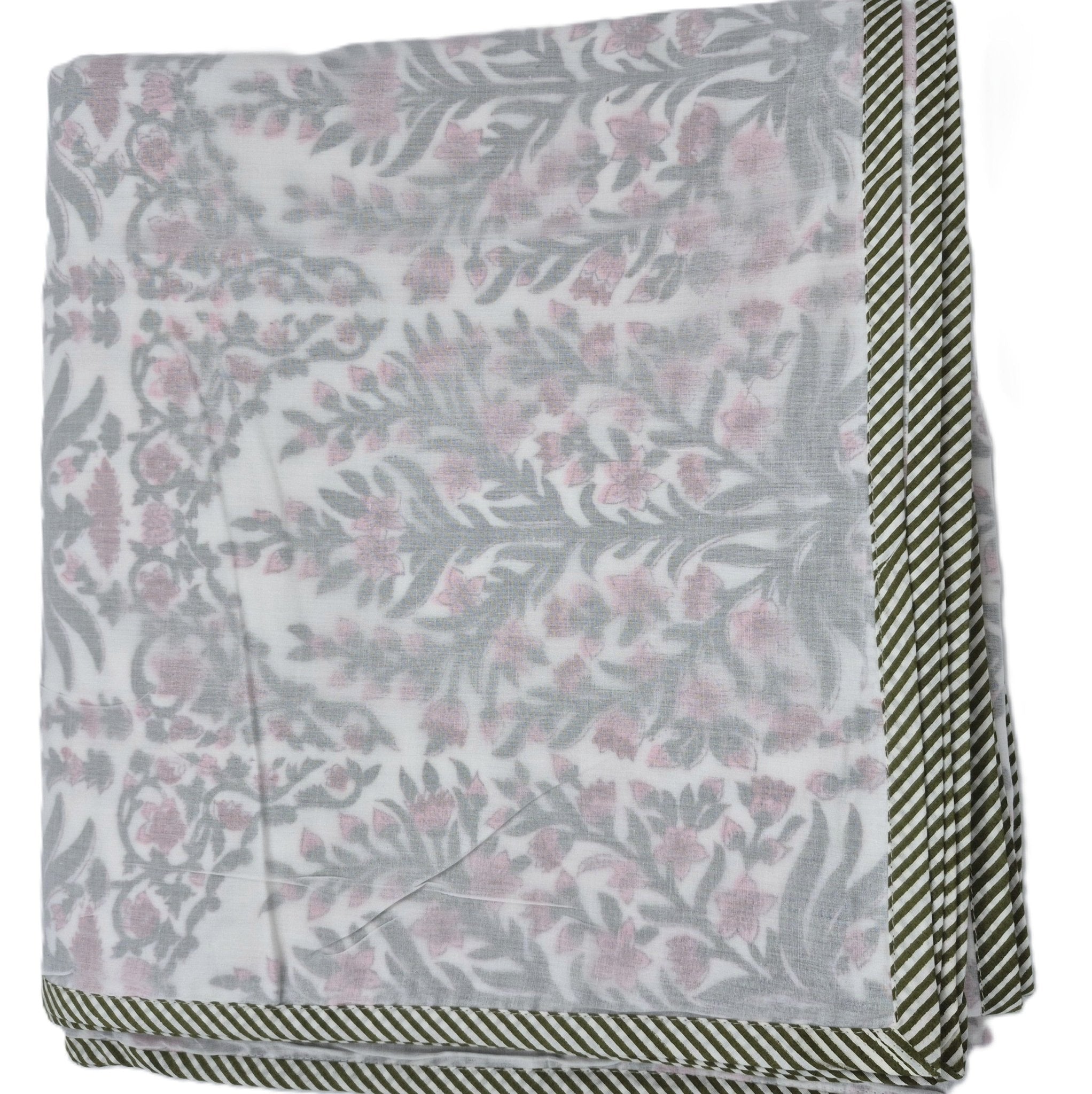 Pink floral block print cotton dohar blanket in queen size, 225 x 270cm, a lightweight machine washable duvet alternative.
