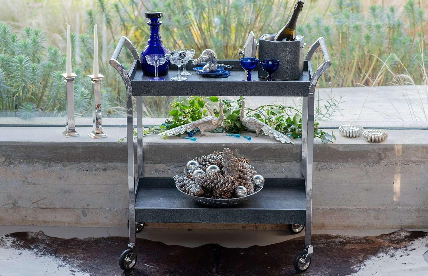 Faux Shagreen Drinks Trolley/Bar Cart With Handle - Charcoal, detail view - buy homeware, tableware and interior