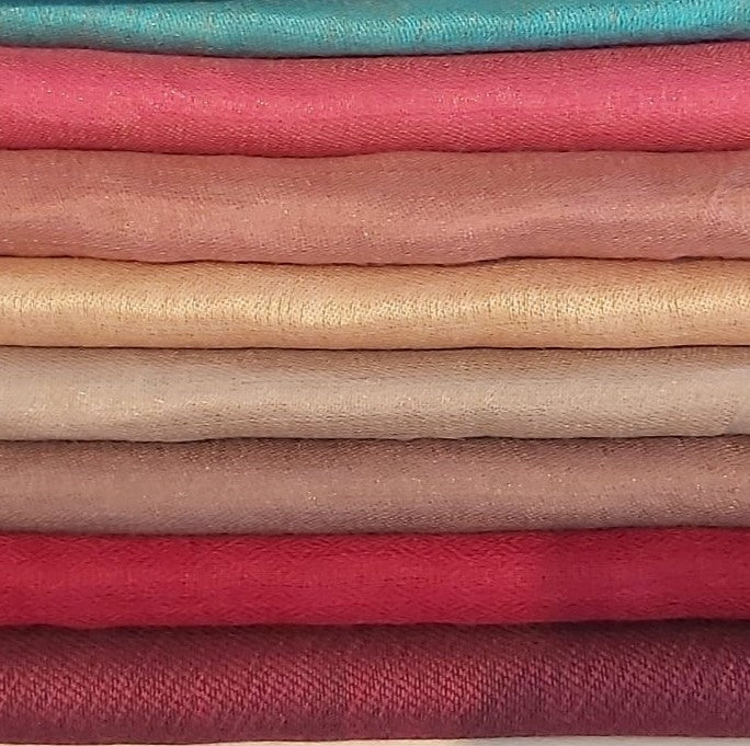 Duo pashmina shawl woven with metallic thread, colour one side and gold sheen the other, 70 x 200 cm