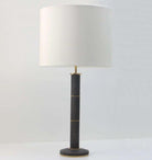 Seal brown faux shagreen column table lamp with brass fittings and cream silk drum shade, 78 cm high