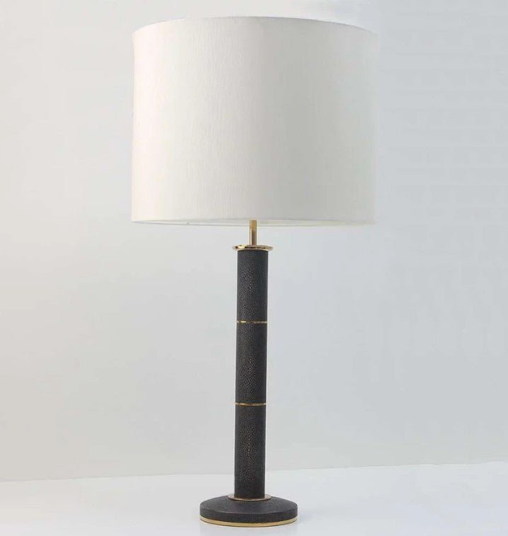 Seal brown faux shagreen column table lamp with brass fittings and cream silk drum shade, 78 cm high