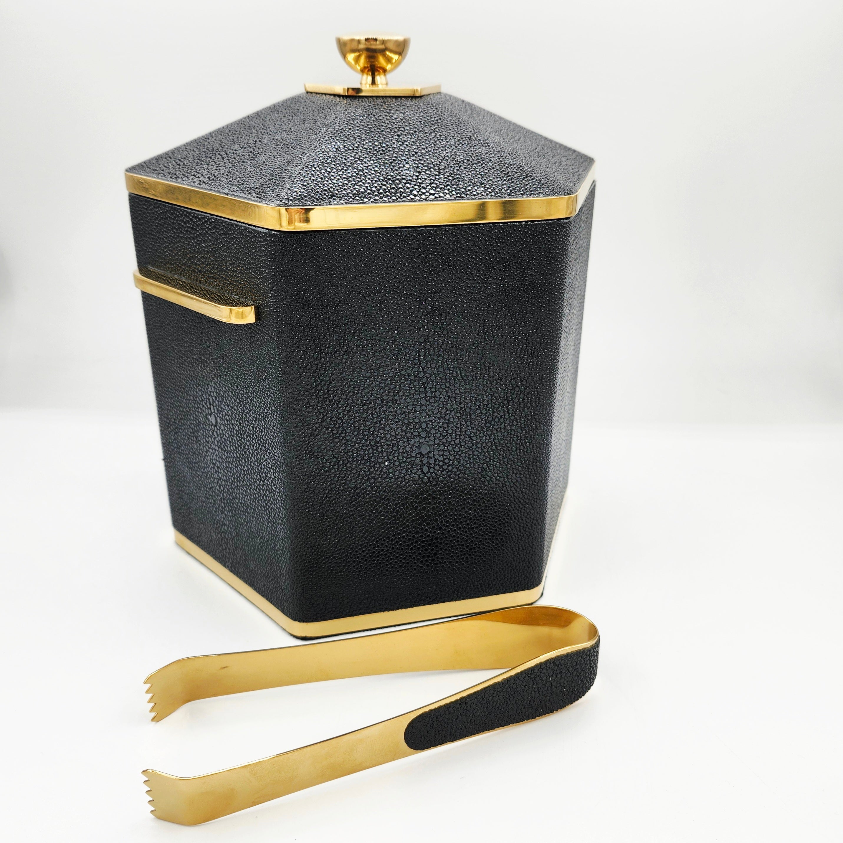 Caviar black faux shagreen Otis ice bucket with stainless steel handles and removable liner, 18 x 20 x 21 cm