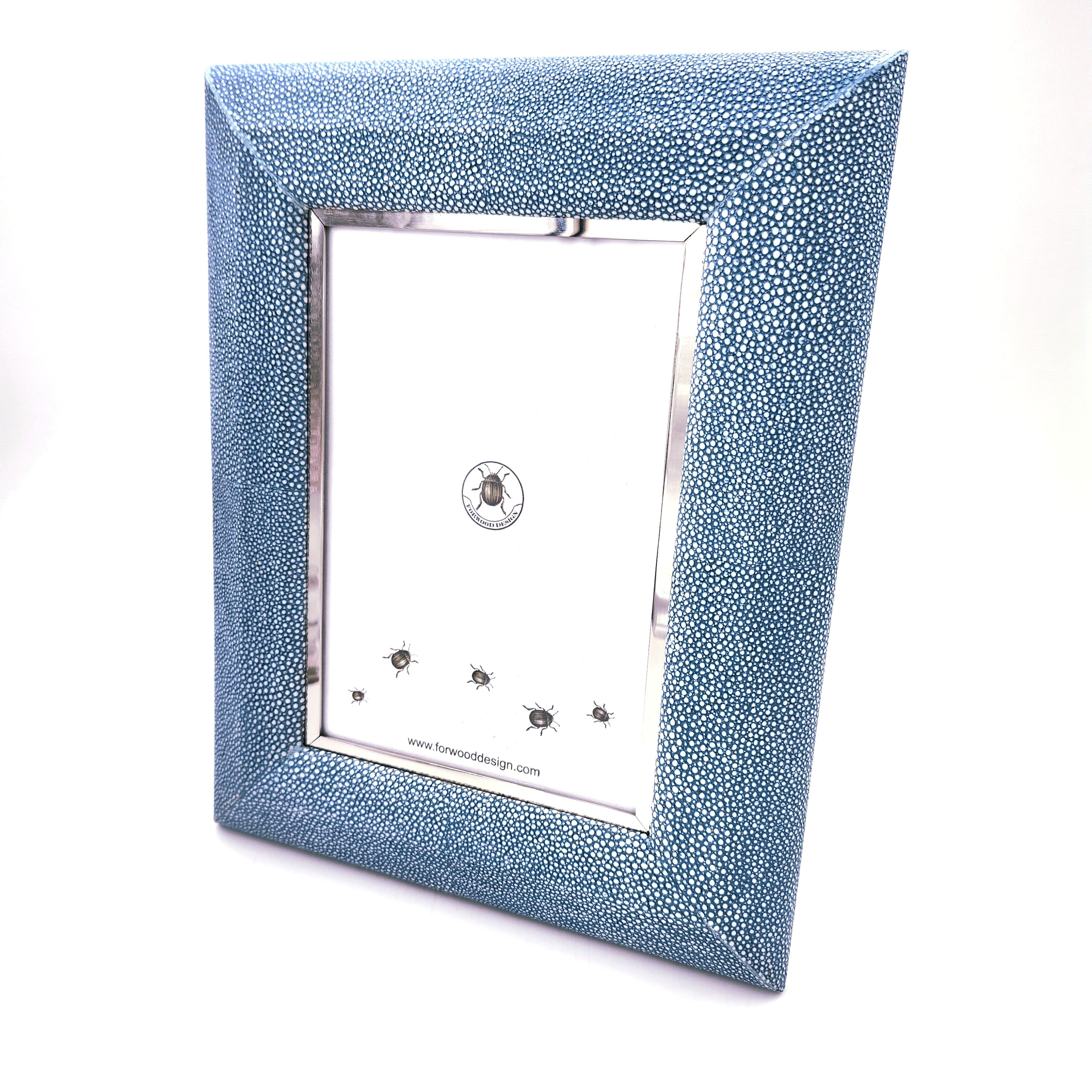 Duke blue faux shagreen Bella photo frame with stainless steel trim and walnut back, 5 x 7 or 8 x 10 inch