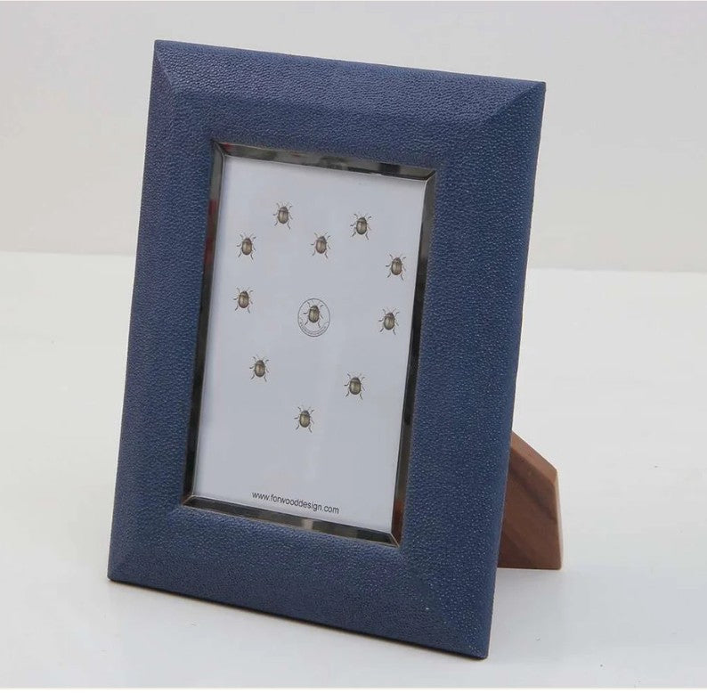 Nile blue faux shagreen Bella photo frame with stainless steel trim and walnut back, 5 x 7 or 8 x 10 inch