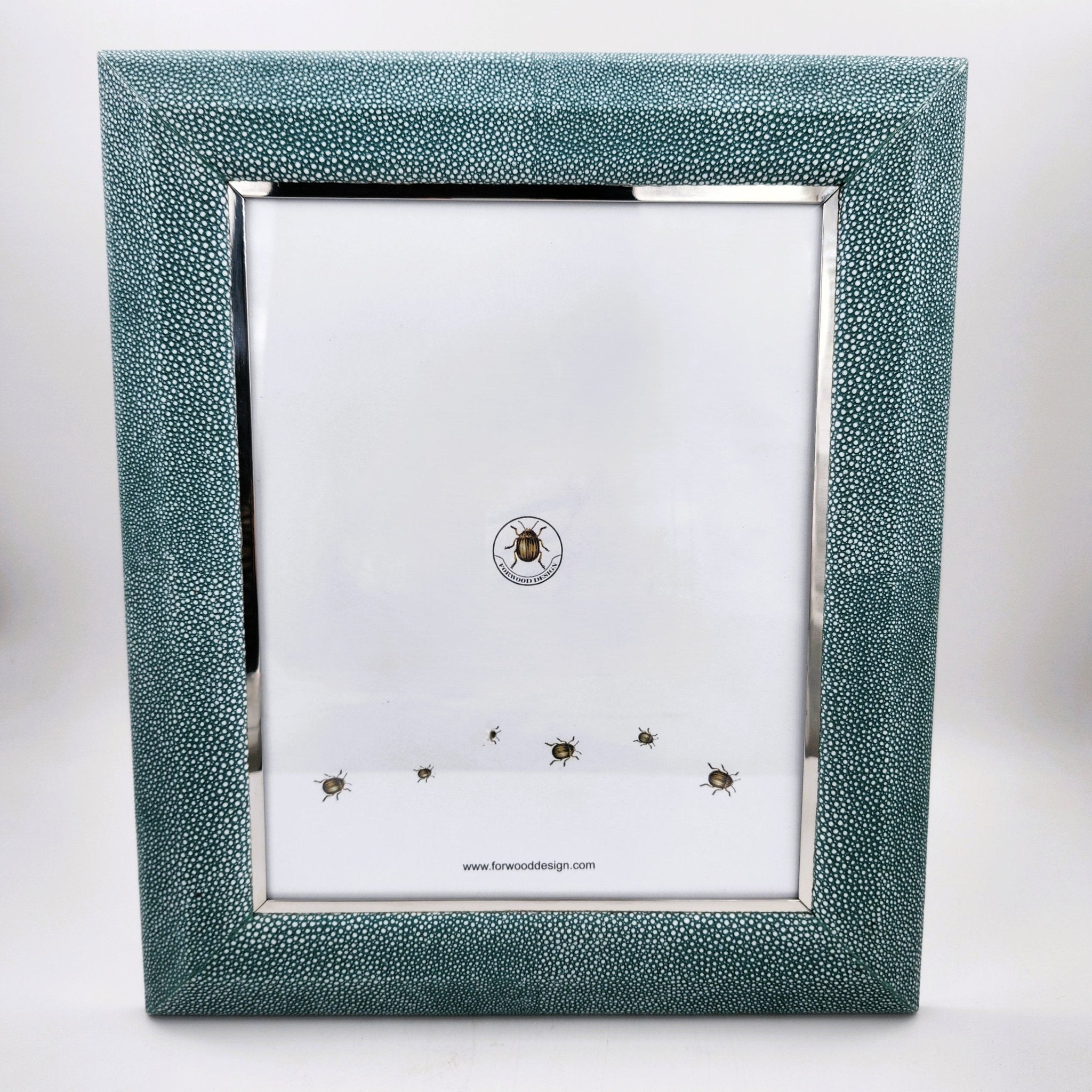 Teal faux shagreen Bella photo frame with stainless steel trim and walnut back, 5 x 7 or 8 x 10 inch