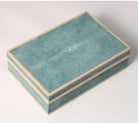 Teal faux shagreen jewellery box with wood trim and suede-lined interior, 23.5 x 14.5 x 7 cm