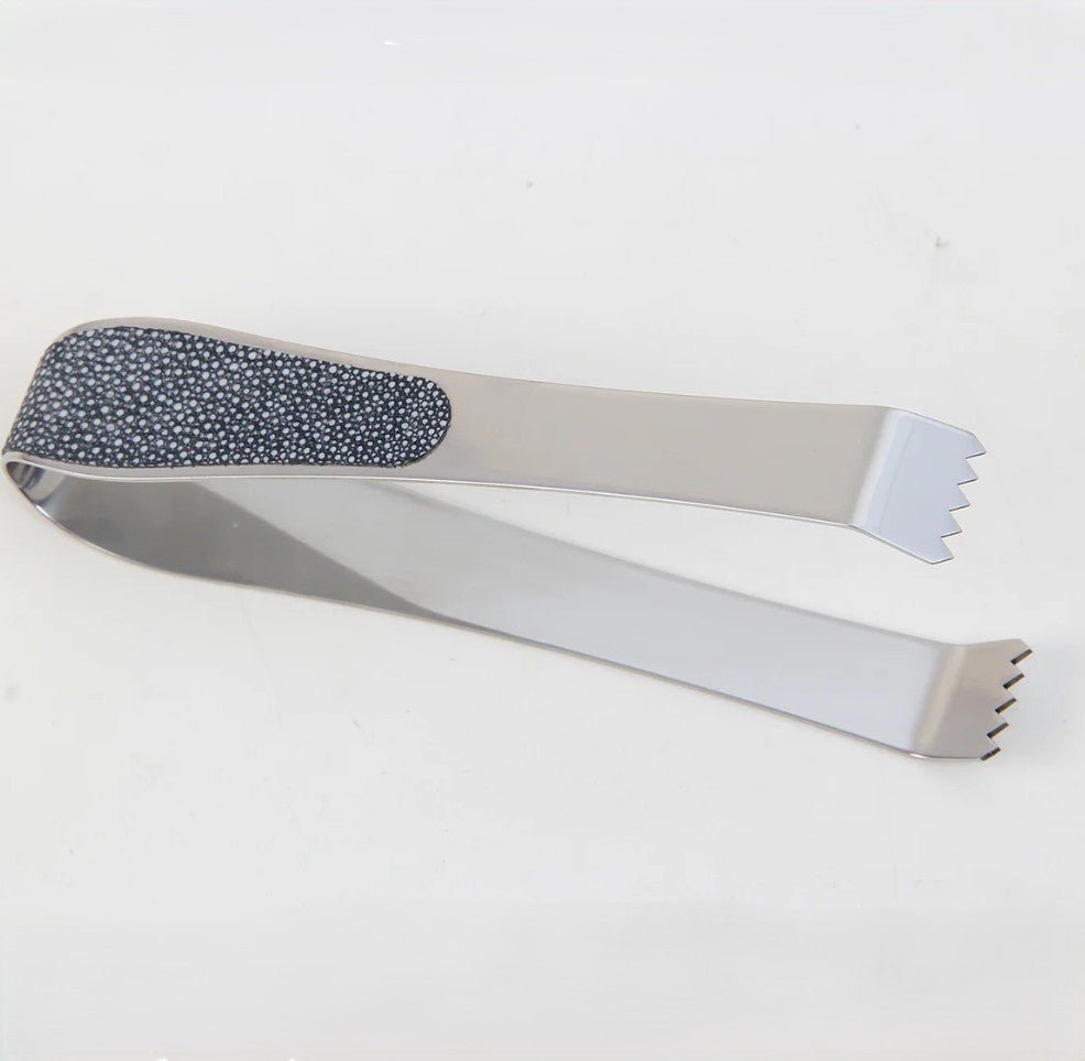 Stainless steel ice tongs with faux shagreen finish and fine teeth for ice control, gift boxed