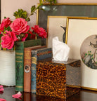 Square tissue box cover in faux tortoiseshell finish with magnetic hinged base, 14 x 14 x 14 cm