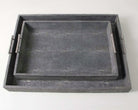 Rectangular serving tray in charcoal faux shagreen with stainless steel twig handles, 61 x 48 cm