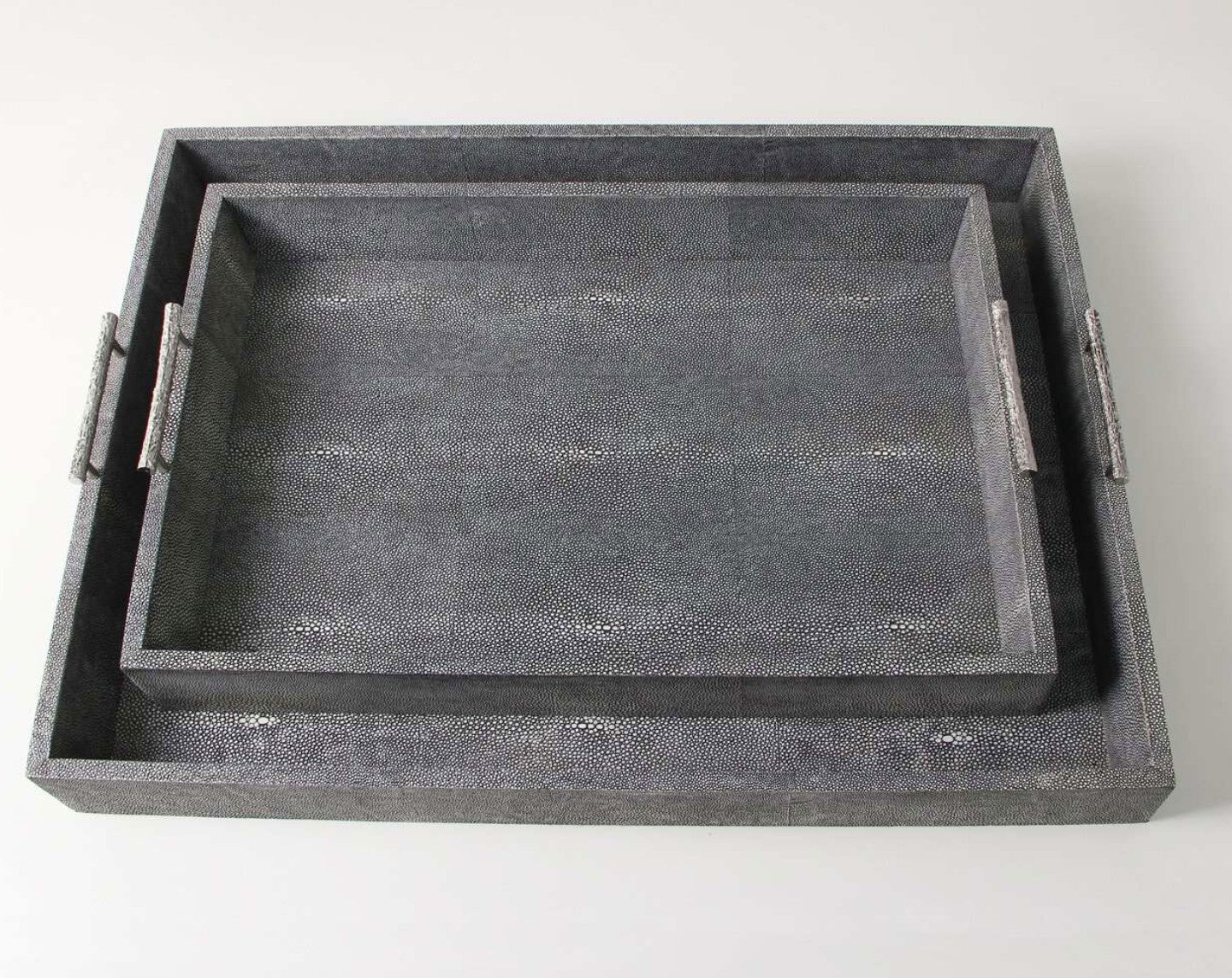 Rectangular serving tray in charcoal faux shagreen with stainless steel twig handles, 61 x 48 cm