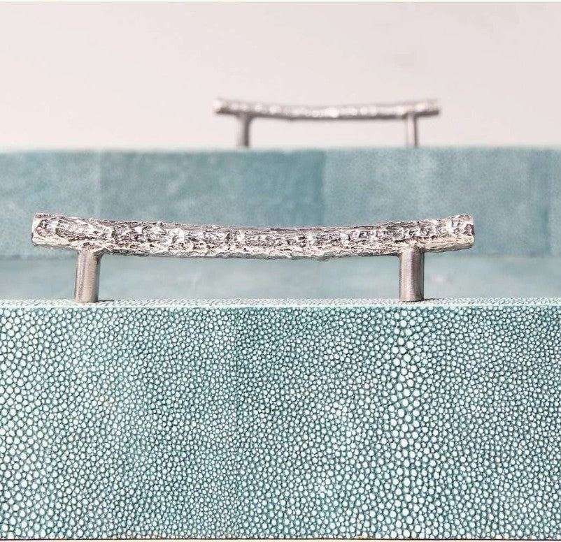 Teal faux shagreen rectangular serving tray with stainless steel twig handles, 51 x 36 x 9 cm