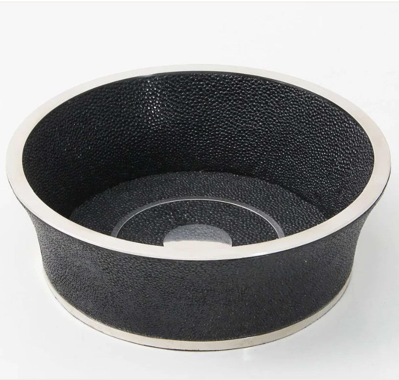 Jet black faux shagreen wine bottle coaster with stainless steel trim, fits wine and champagne, 16 x 16 cm