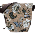 Floral linen and cotton shoulder bag with leather trim and adjustable strap, in red, hot pink or camel