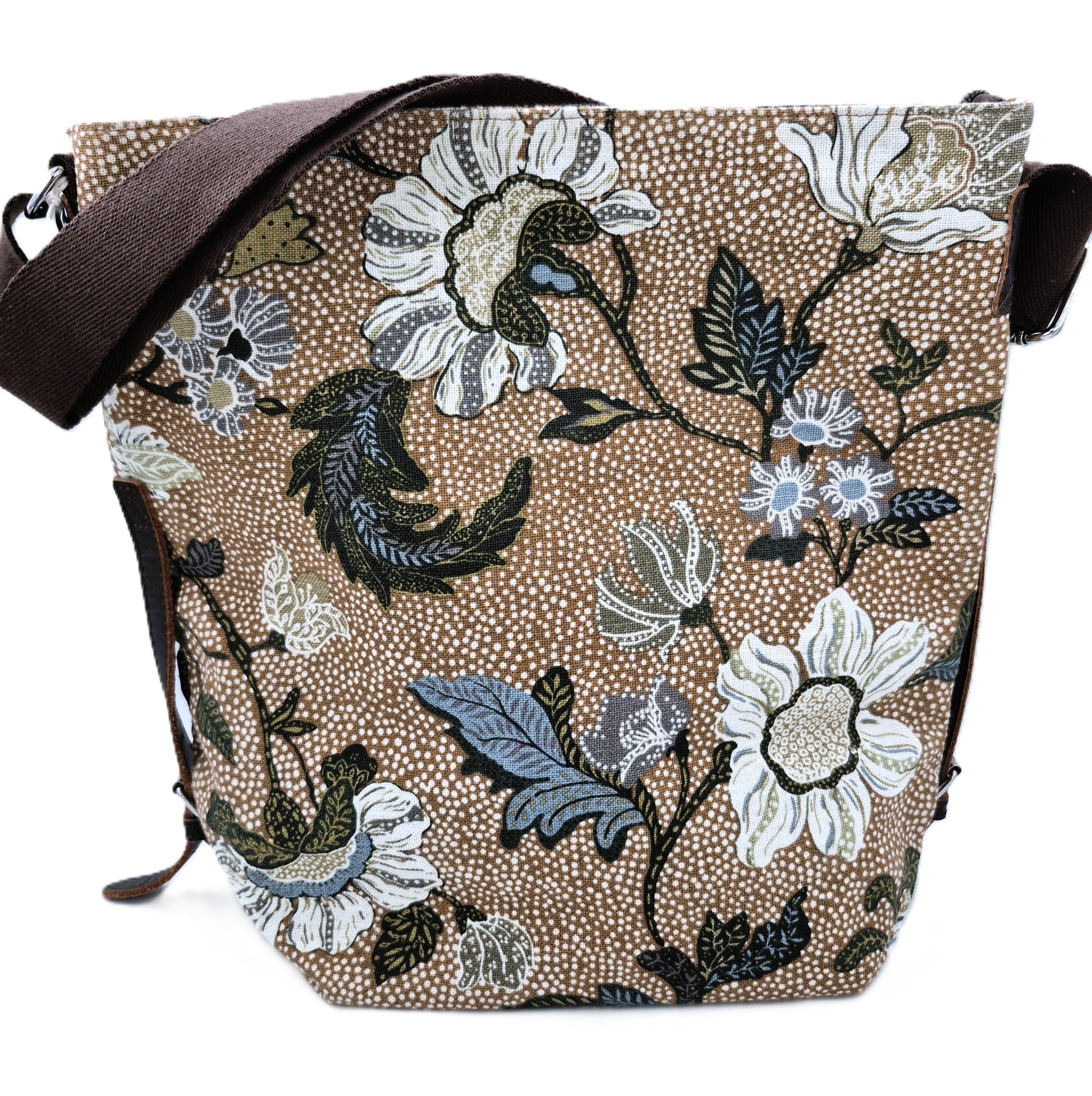 Floral linen and cotton shoulder bag with leather trim and adjustable strap, in red, hot pink or camel