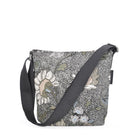 Small floral linen and cotton shoulder bag in black with leather trim and zip, 29 x 26 x 10 cm