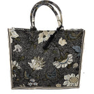 Black linen-canvas shopper bag with floral print and inner organiser, 41 x 35 x 16 cm