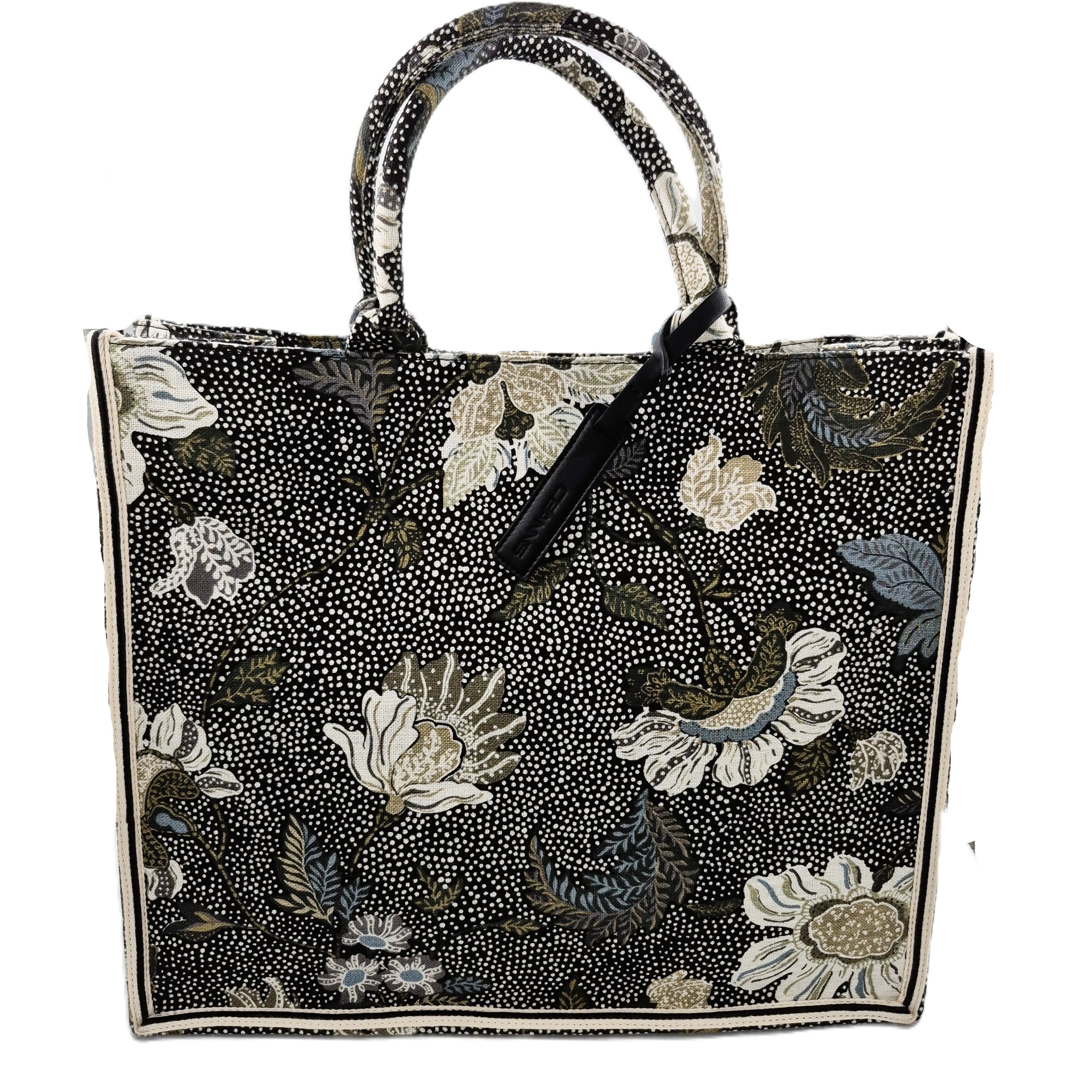 Black linen-canvas shopper bag with floral print and inner organiser, 41 x 35 x 16 cm