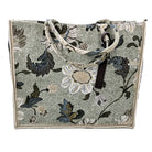 Soft green linen-canvas shopper bag with floral print and inner organiser, 41 x 35 x 16 cm