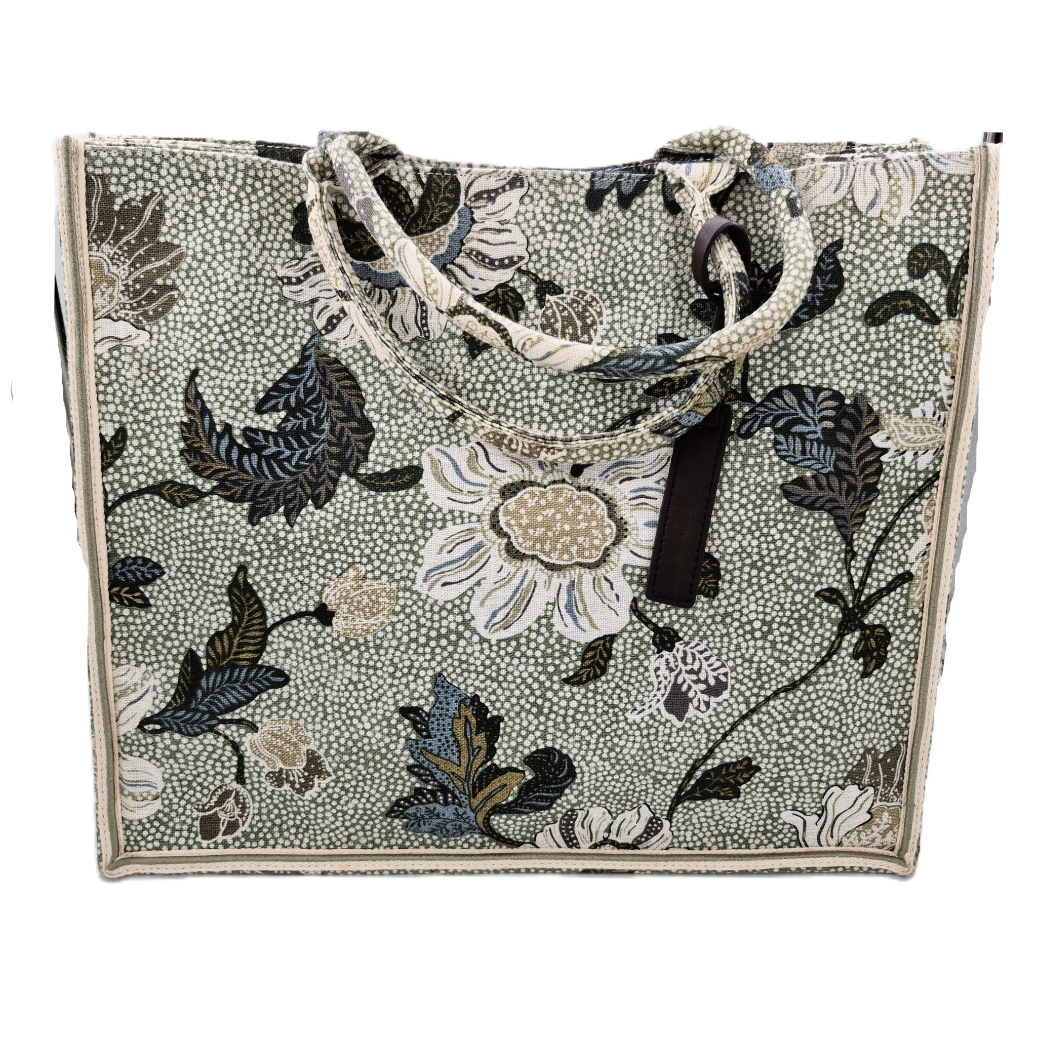 Soft green linen-canvas shopper bag with floral print and inner organiser, 41 x 35 x 16 cm