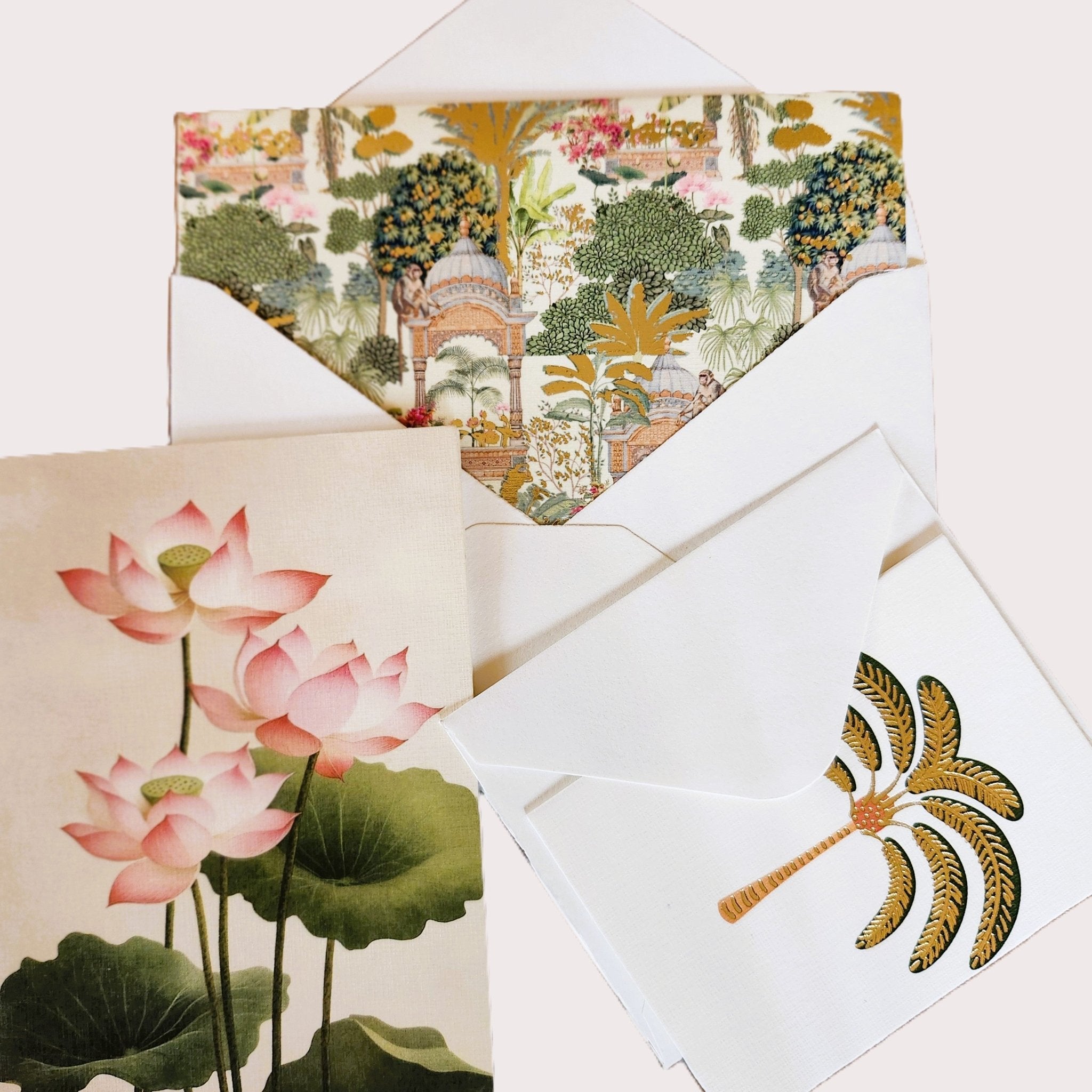 Handmade paper greeting card with gold Paradise, lotus or palm design, blank inside, with envelope