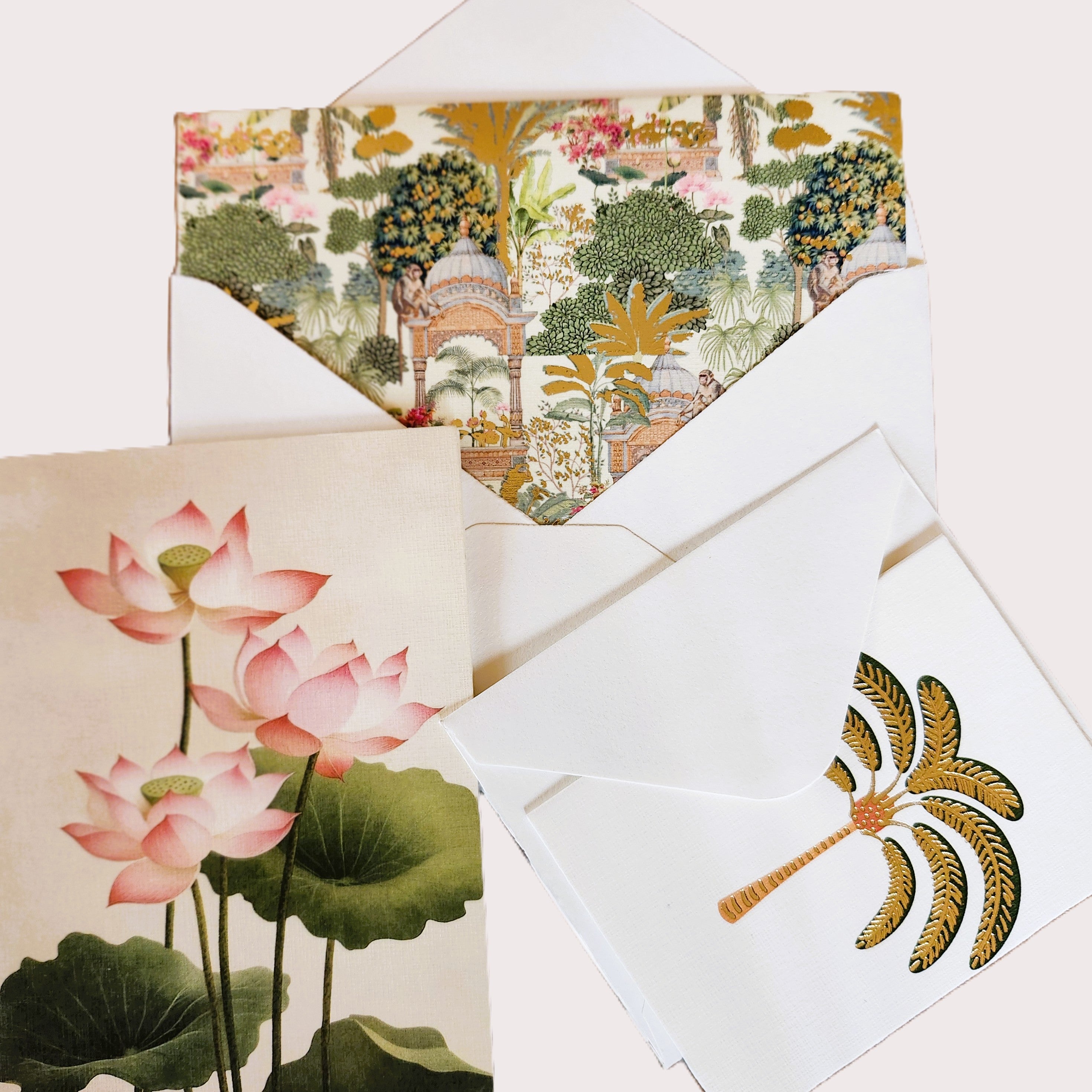 Handmade paper greeting card with gold Paradise, lotus or palm design, blank inside, with envelope