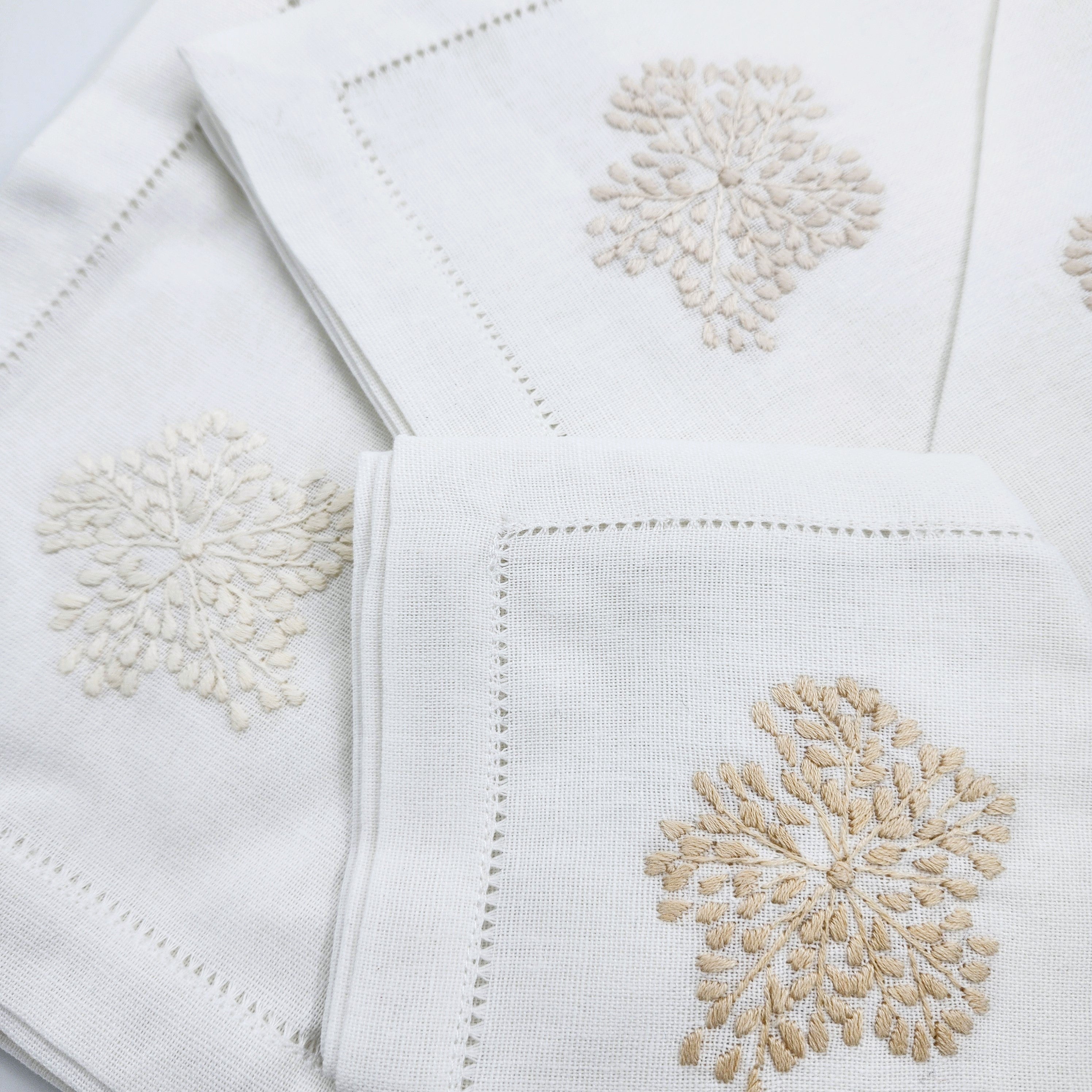 Set of six hand-embroidered linen napkins with corner florals in natural beige shades, 45 x 45 cm