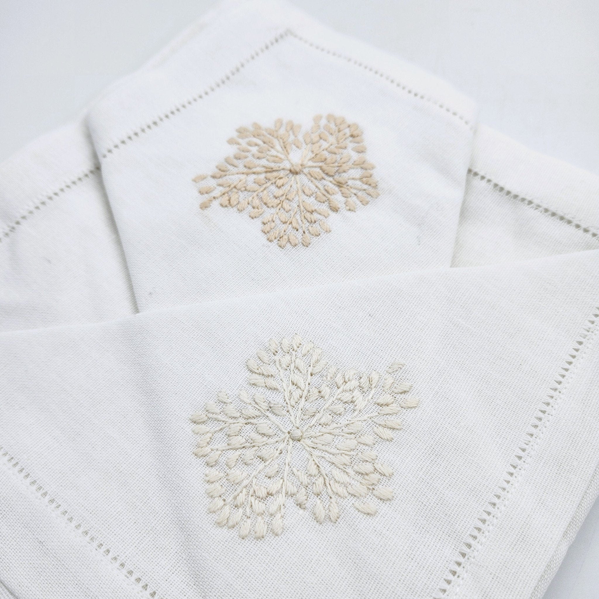 Hand-embroidered floral linen napkin in natural from Inside Living, decorative table napkin for fine dining, alternate view