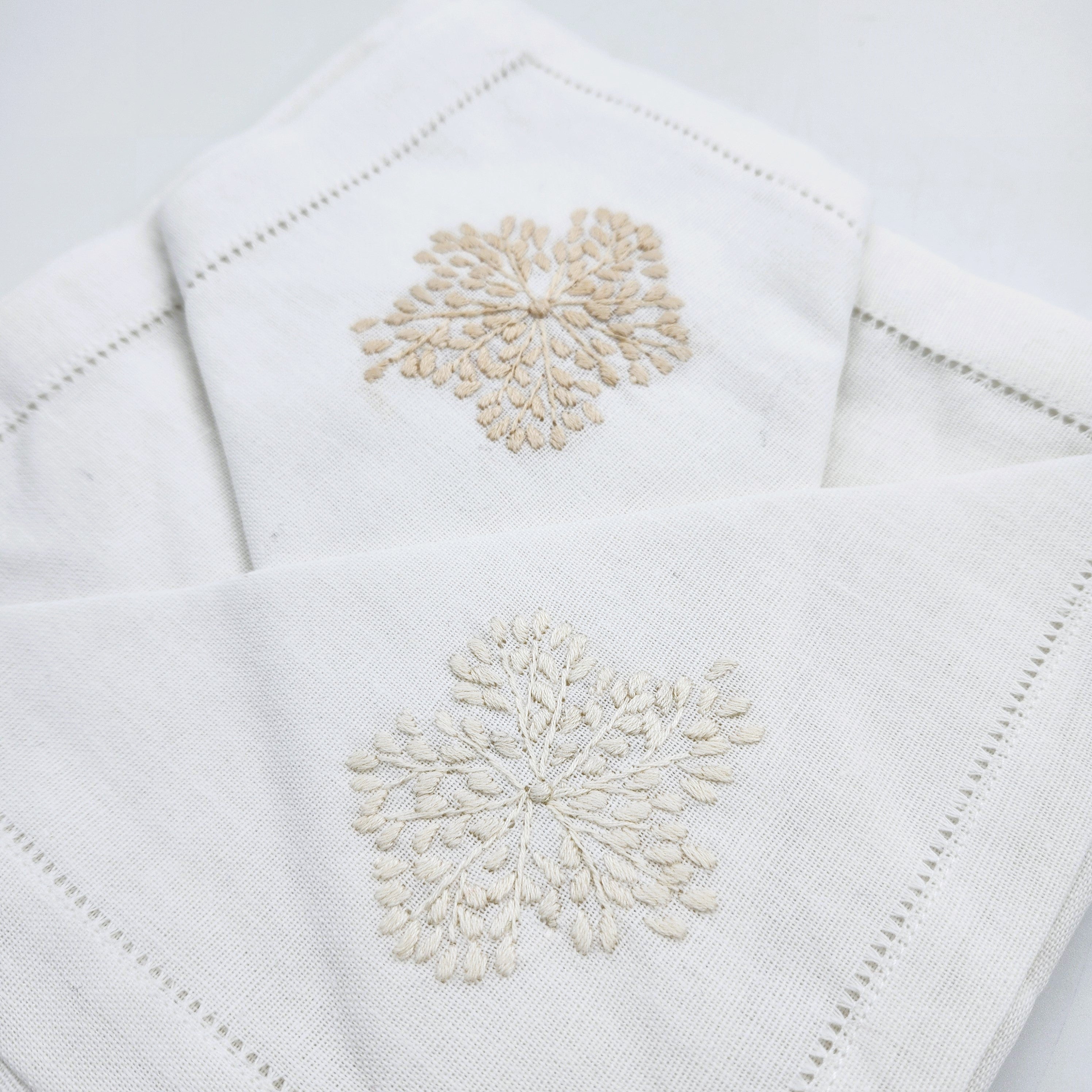 Hand-embroidered floral linen napkin in natural from Inside Living, decorative table napkin for fine dining, alternate view