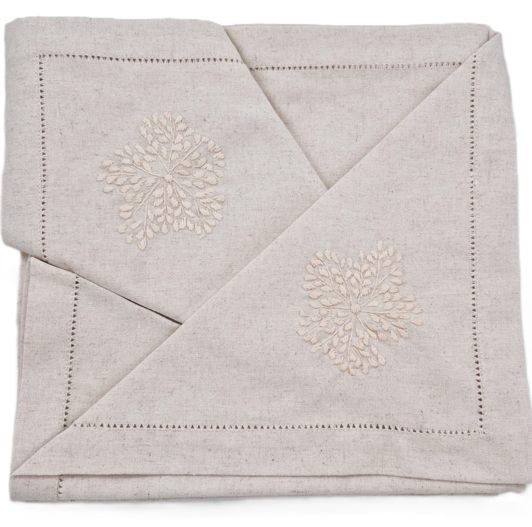 Set of six hand-embroidered natural linen napkins with beige floral corner motif, 45 x 45 cm