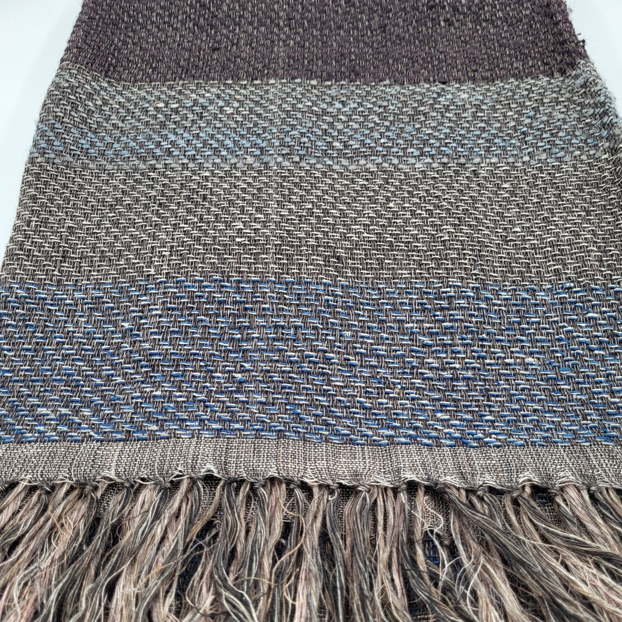 Handwoven linen and silk throw with broad colour bands and a fringed edge, 130 x 170 cm