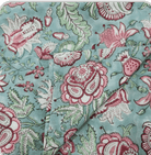 Block print cotton tablecloth in hibiscus design, handmade hand-printed cloth for the dining table, detail view