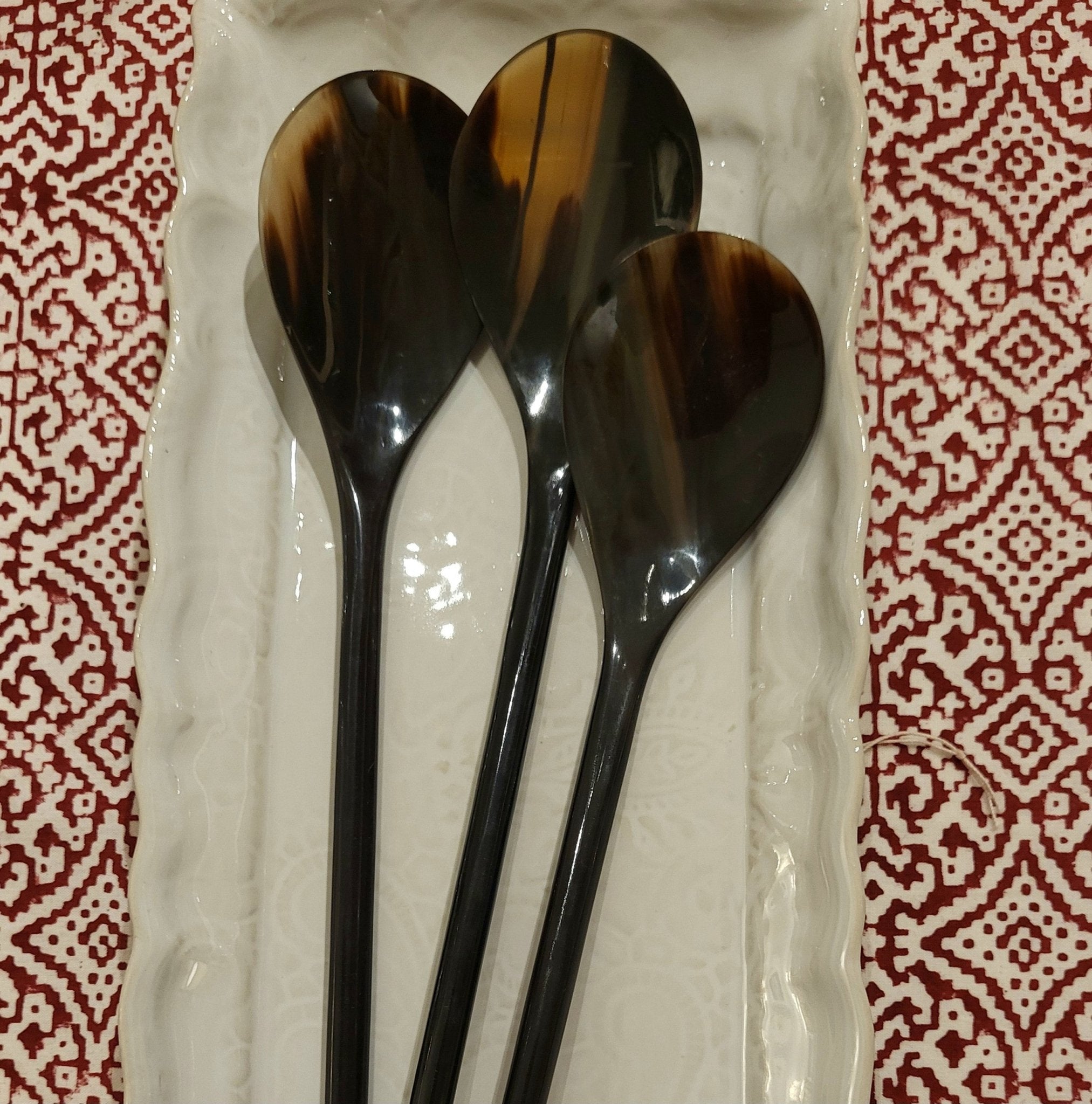 Long handcrafted horn spoon for cooking, stirring or serving, 27.5 cm tall, each naturally unique