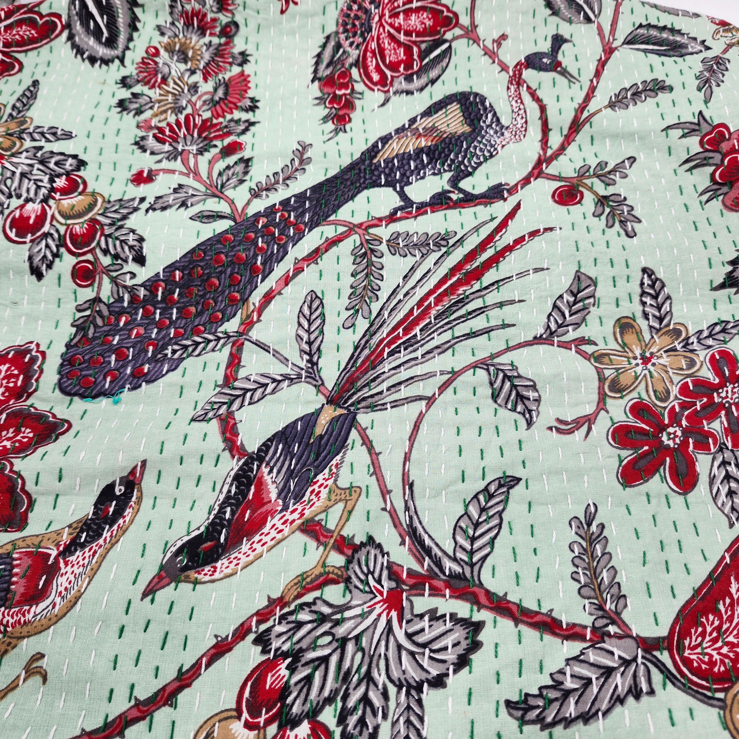 Kantha cotton throw and bedspread in peacock design, handmade quilted bedcover with running-stitch detail