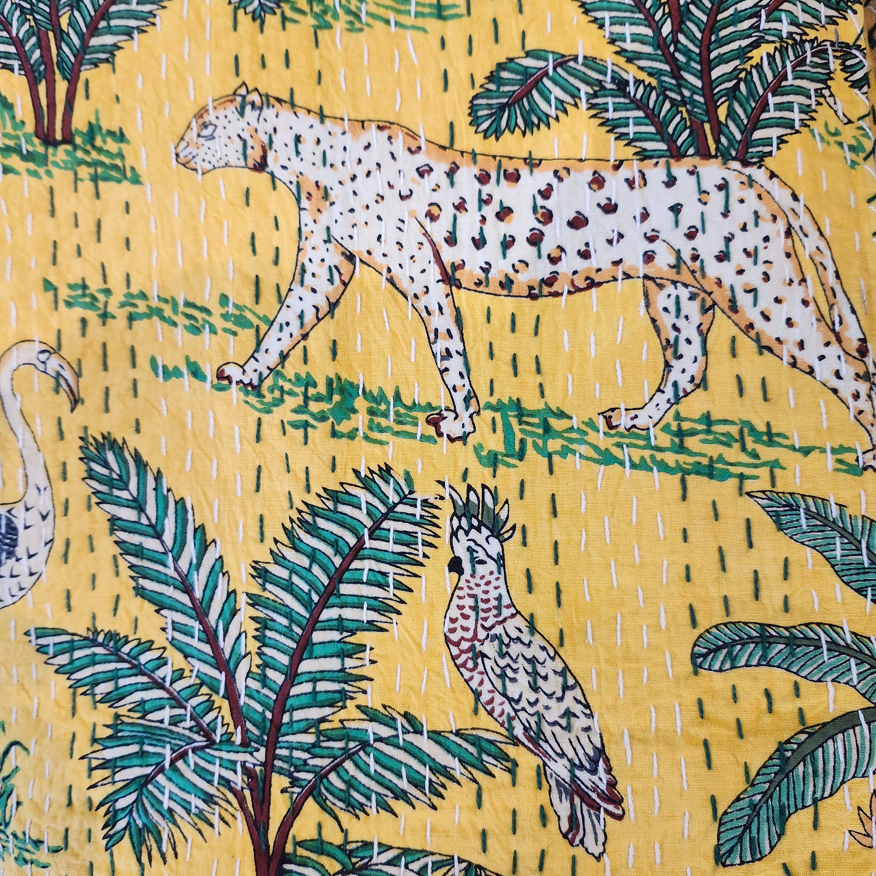 Hand-stitched kantha cotton bedspread in a safari animal block print, queen size 225 x 275 cm