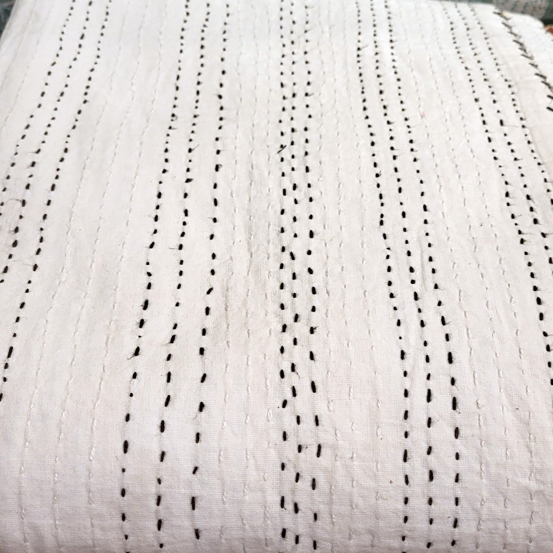Hand-stitched white kantha cotton bedspread with black and white stitching, queen size 225 x 275 cm