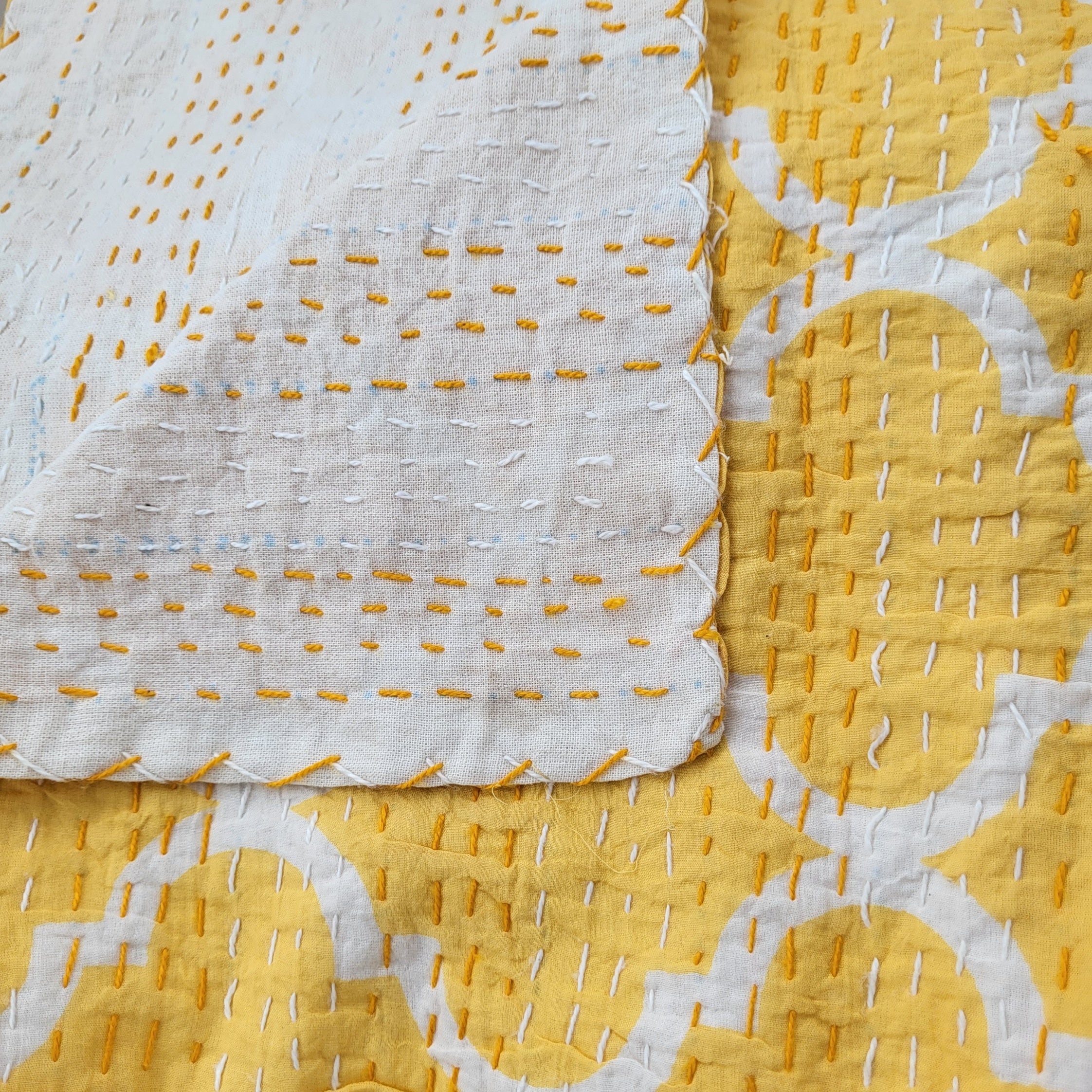 Kantha Bedspread/Throw Trellis Yellow, from Inside Living Singapore. Alternative angle.