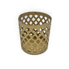 Gold iron tea light holder with a pierced fret-work design, 9 cm high, sold in a choice of gold or silver paint