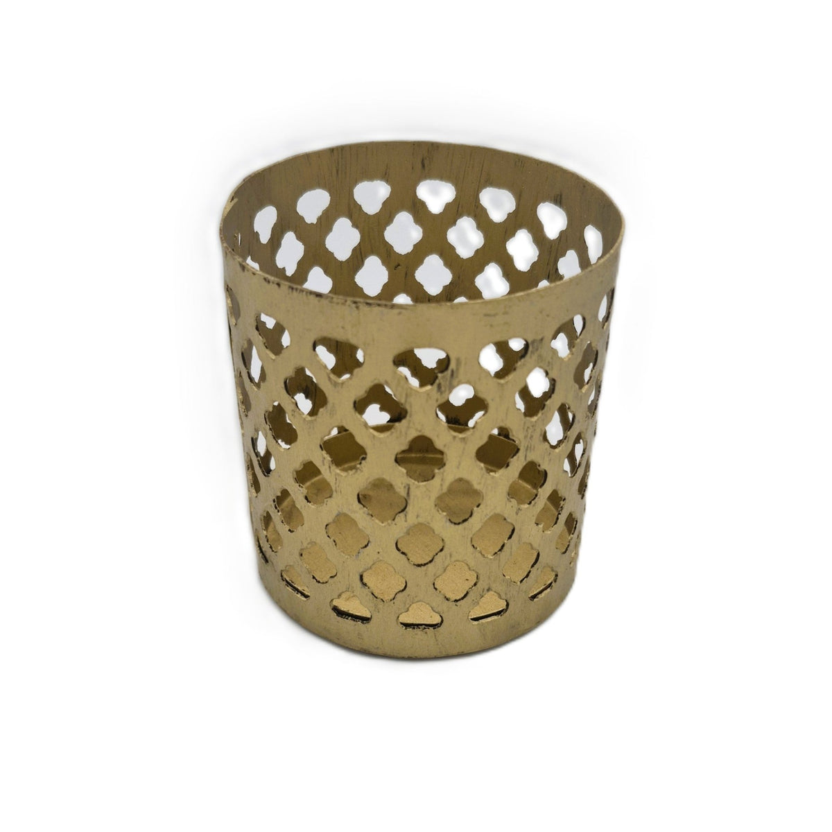 Gold iron tea light holder with a pierced fret-work design, 9 cm high, sold in a choice of gold or silver paint
