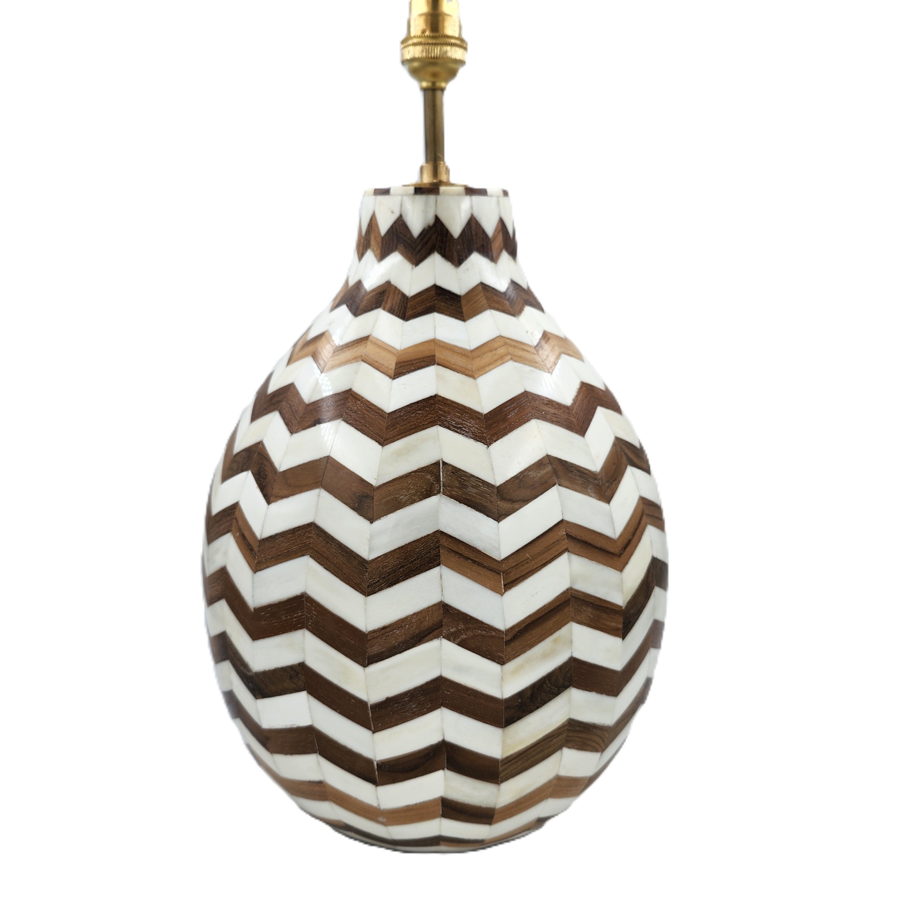 Handcrafted pear-shaped teak table lamp with bone inlay and brass fittings, 30 cm high