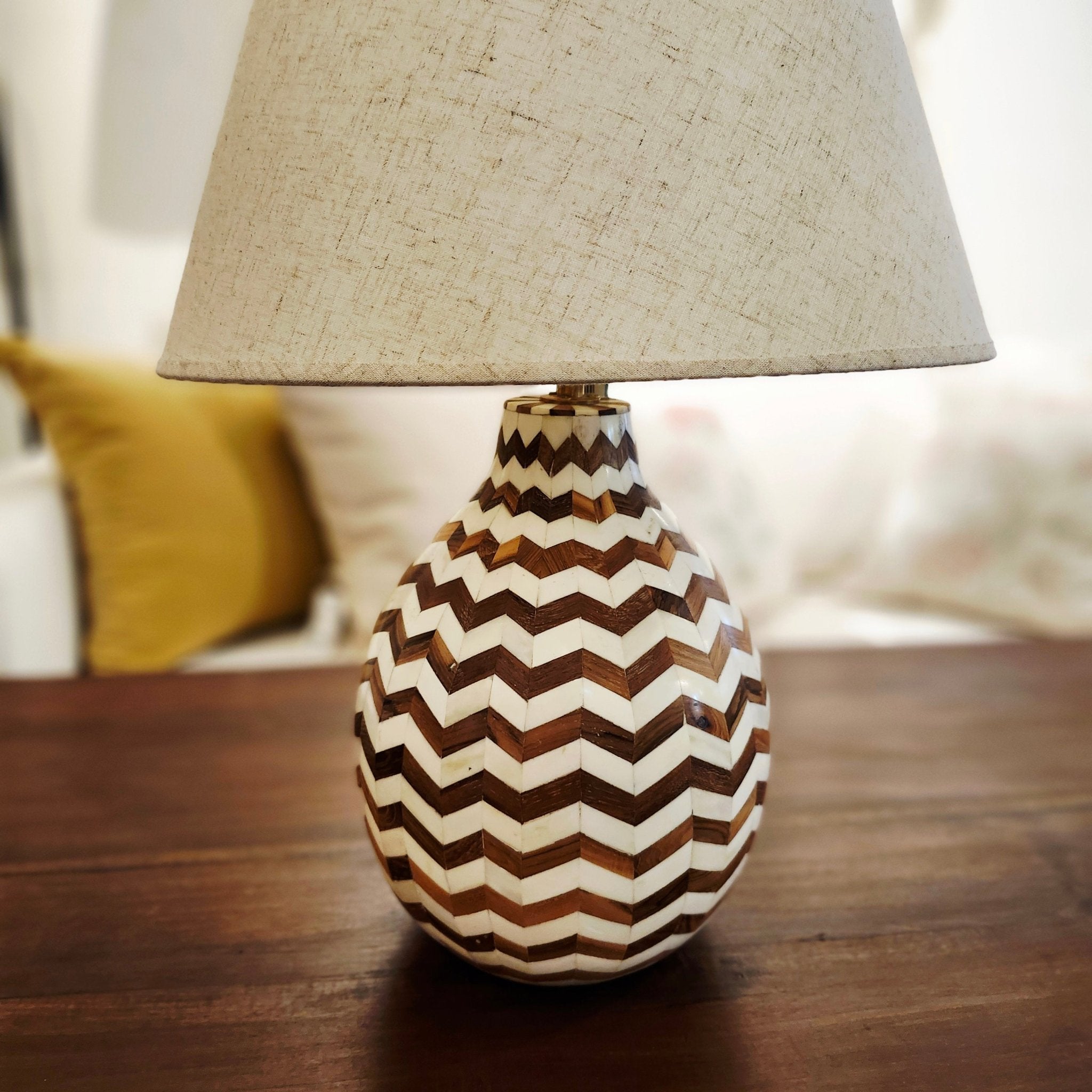 Teak lamp with bone inlay from Inside Living Singapore, detail view.