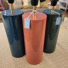 Lacquer table lamp with a deep lustrous finish and white drum shade, 38 cm wide and 66 cm tall
